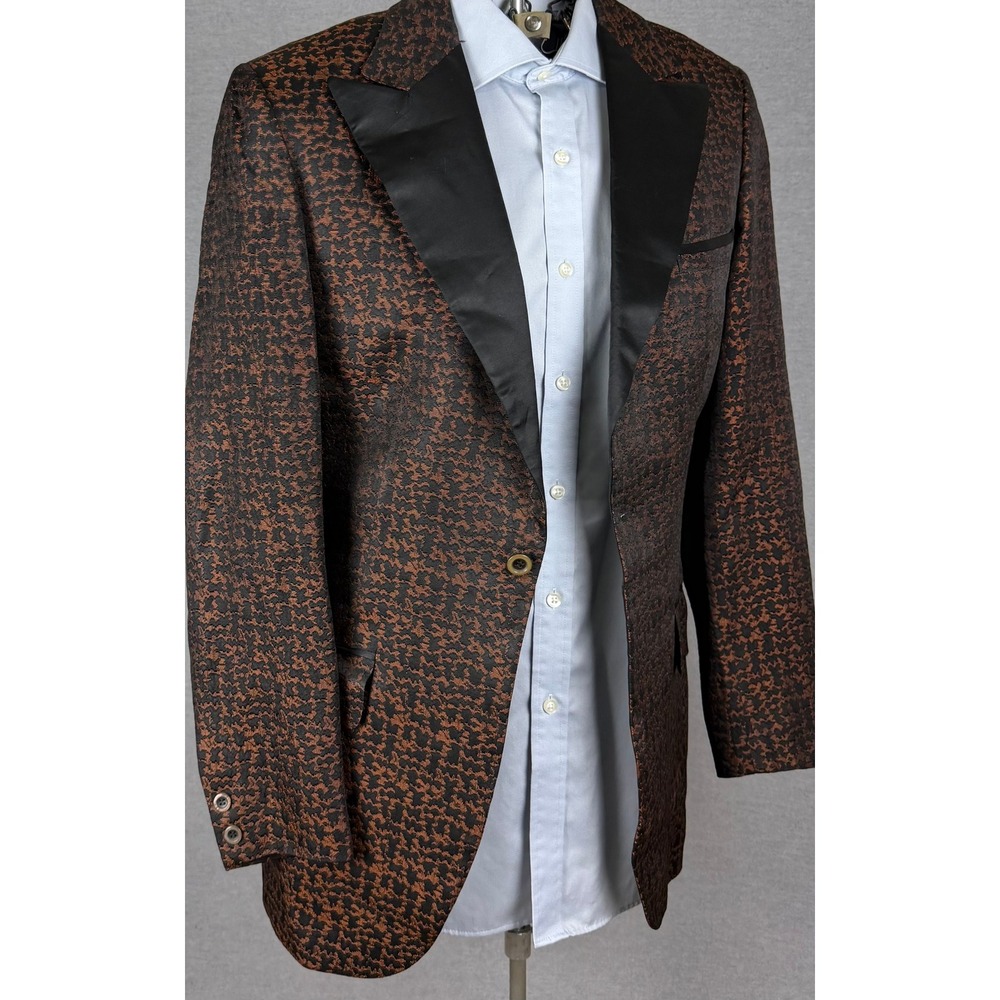 Vintage Bespoke 50s 60s Tuxedo Jacket 38L Copper Black Brocade Peak Lapel Blazer